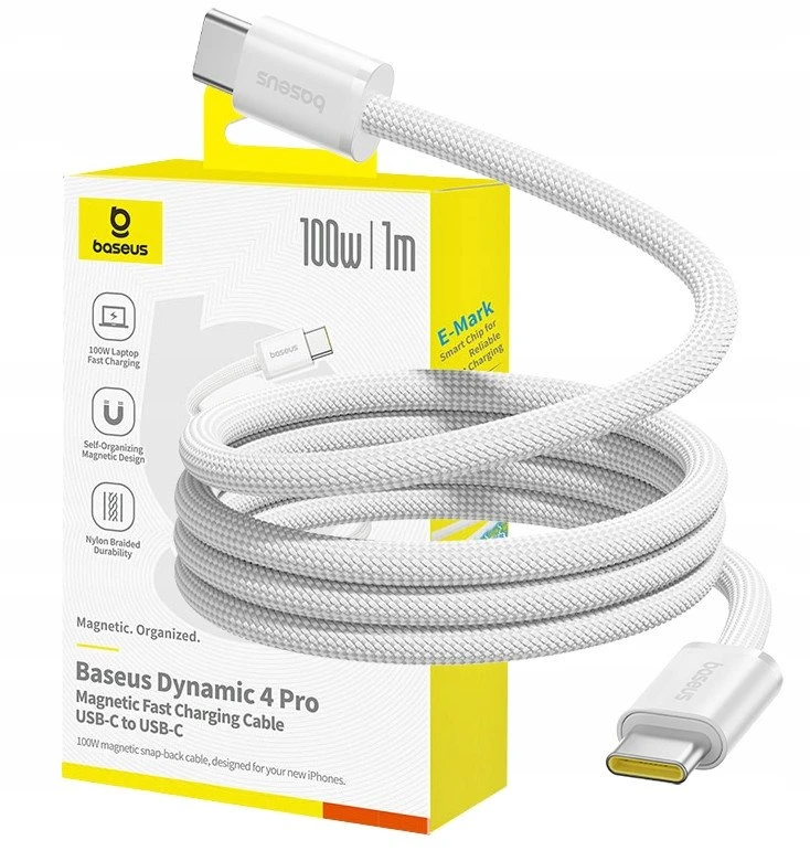 Baseus Dynamic 4 Pro 100W USB-C - USB-C magnetinis kabelis 1 m - baltas