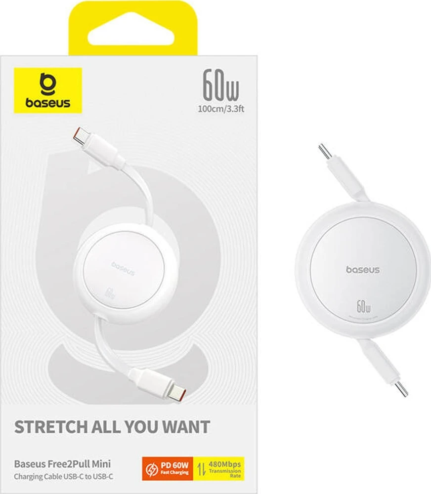 Baseus Free2Pull Mini USB-C į USB-C USB laidas, 60 W, 1, (balta)
