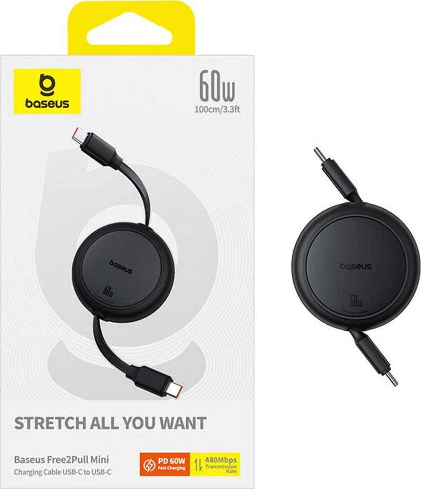 Baseus Free2Pull Mini USB-C į USB-C USB laidas, 60 W, 1, (juodas)