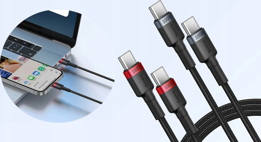Kabelis Baseus Cafule USB-C į USB-C 100W, 1m, 2 vnt (raudona juoda, pilka juoda)