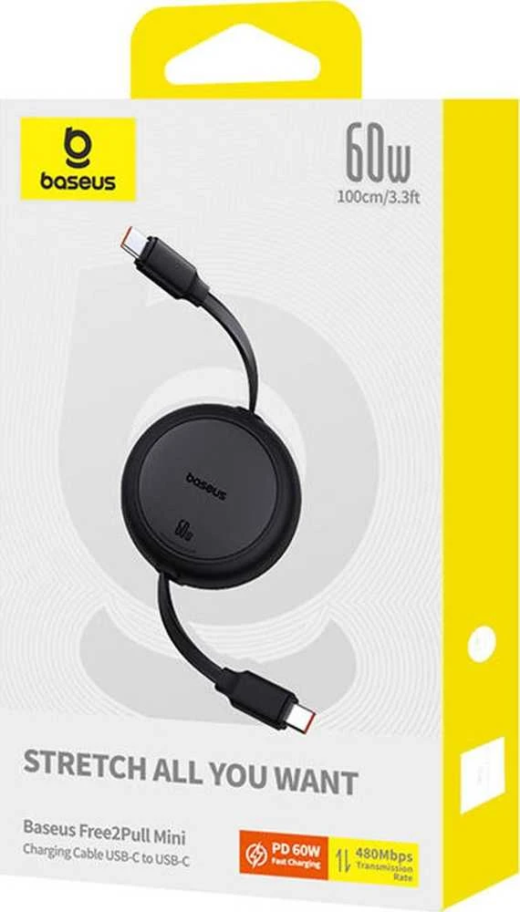 Baseus Free2Pull Mini USB-C į USB-C USB laidas, 60 W, 1, (juodas)