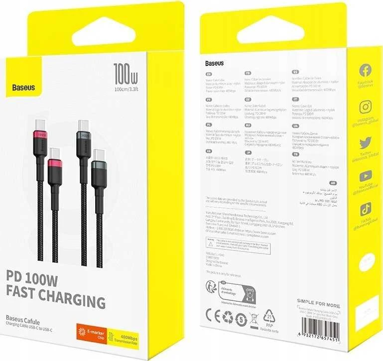 Kabelis Baseus Cafule USB-C į USB-C 100W, 1m, 2 vnt (raudona juoda, pilka juoda)