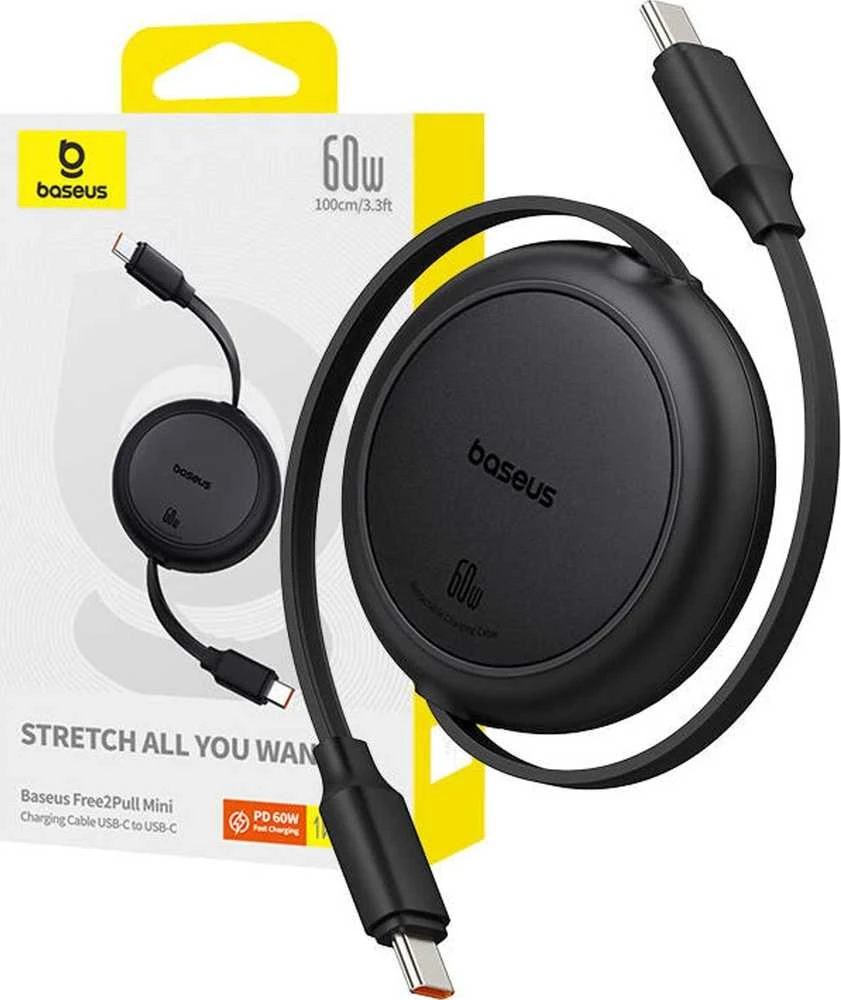 Baseus Free2Pull Mini USB-C į USB-C USB laidas, 60 W, 1, (juodas)