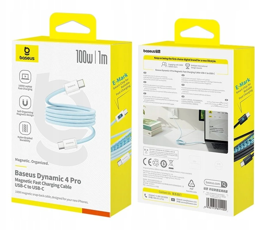 „Baseus Dynamic 4 Pro“ serijos duomenų kabelis USB-C – USB-C 100W 1m, „Galaxy Mėlyna“