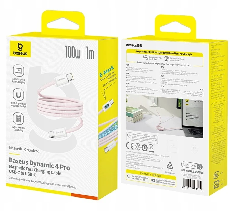 „Baseus Dynamic 4 Pro“ serijos duomenų kabelis USB-C – USB-C 100W 1m, kūdikių rožinė