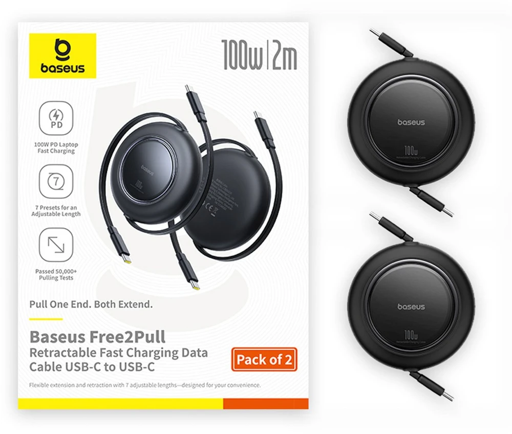 Kabelis zwijany Baseus Free2Pull 100W USB-C - USB-C 2m (2 vnt.) - juoda