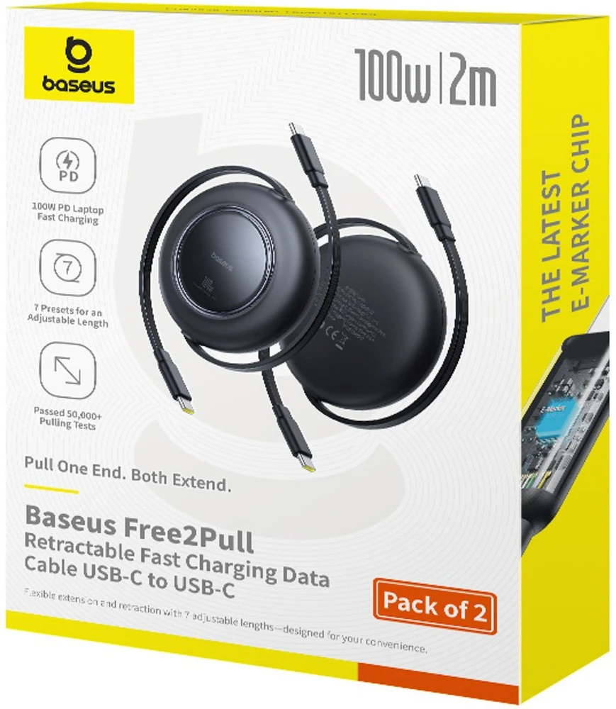 Kabelis zwijany Baseus Free2Pull 100W USB-C - USB-C 2m (2 vnt.) - juoda