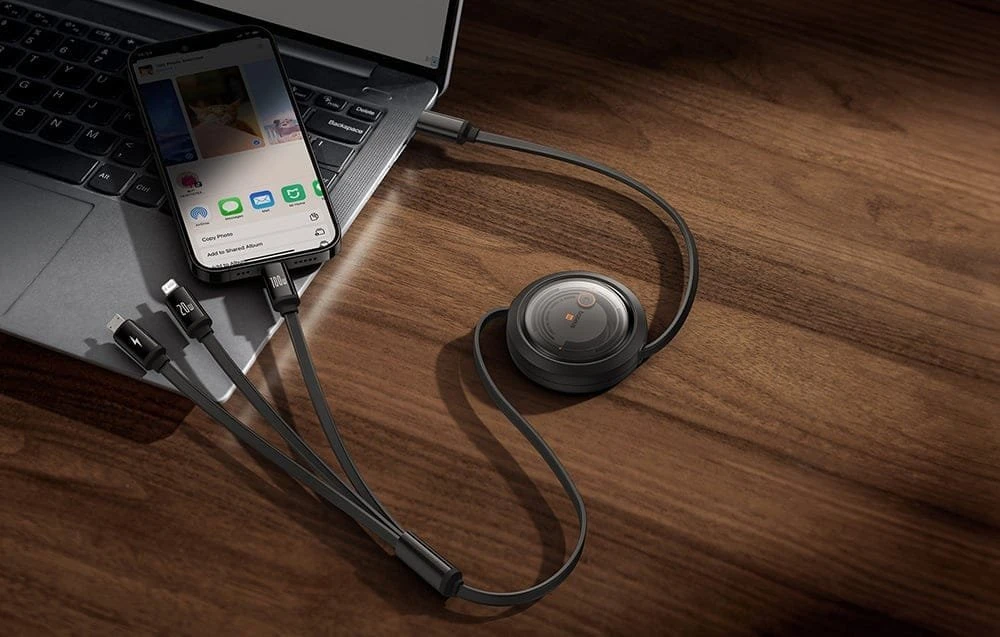 Greito įkrovimo laidas 3in1 Baseus Free2Draw USB-C prie USB-C/Lightning/Micro 100W, 1.1m (juodas)