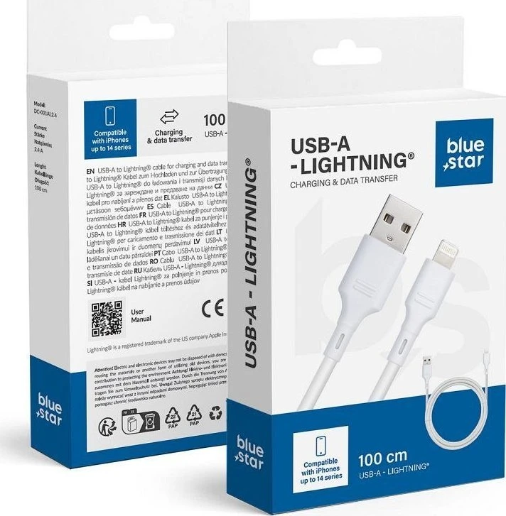 BlueStar USB A tipo į „Lightning“ tipo maitinimas, mėlynas, žvaigždės formos, 2,4A, 1 m, DC-001AL2.4 baltas