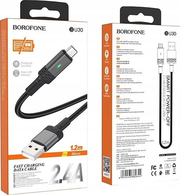 Borofone Kabelis BU30 Lynk Smart power-off - USB na Micro USB - 2,4A 1,2 metra juoda