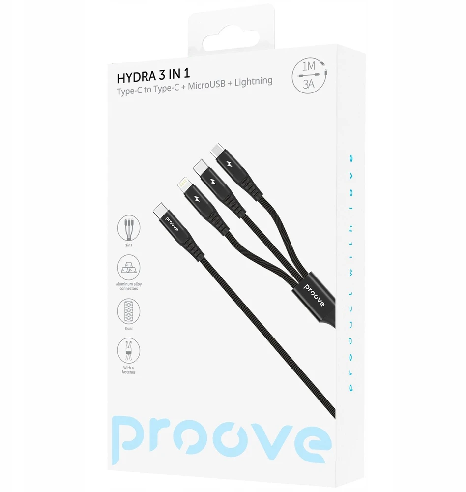 PROOVE Kabelis Laidas 3v1 USB-C į USB Type-C MicroUSB Apple Lightning 1m 3a Proove / Cchy15012101 / Hydra