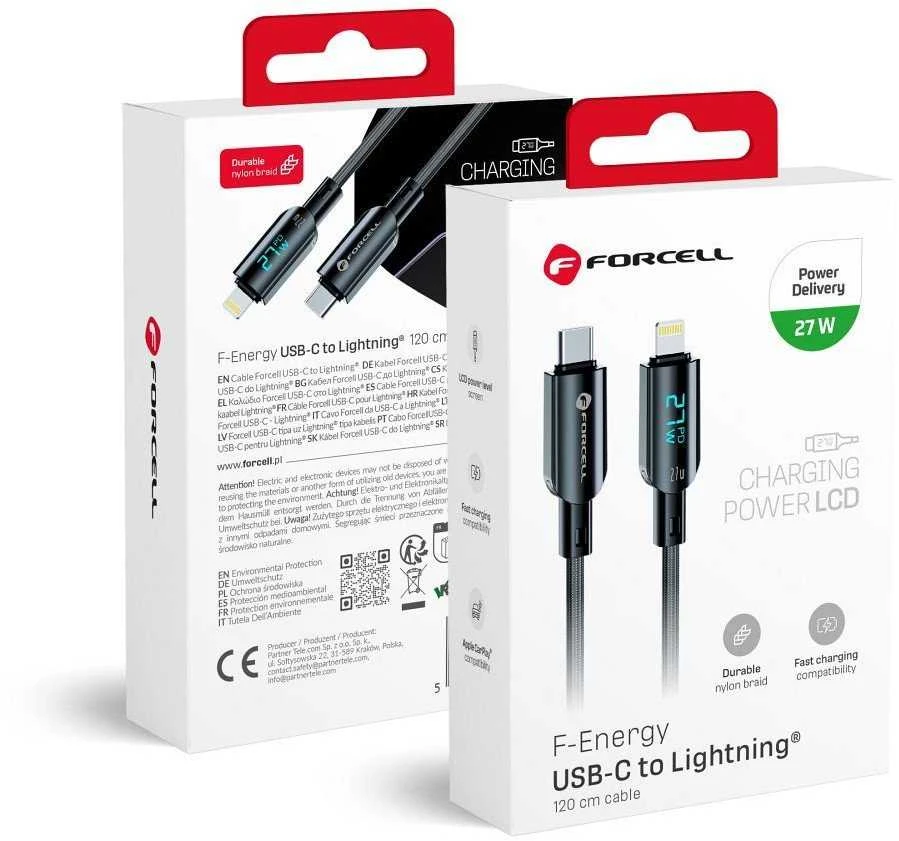 USB C - Lightning laidas Forcell F-Energy PD 3A 27W skaitmeninis 1,2 m C276 juodas