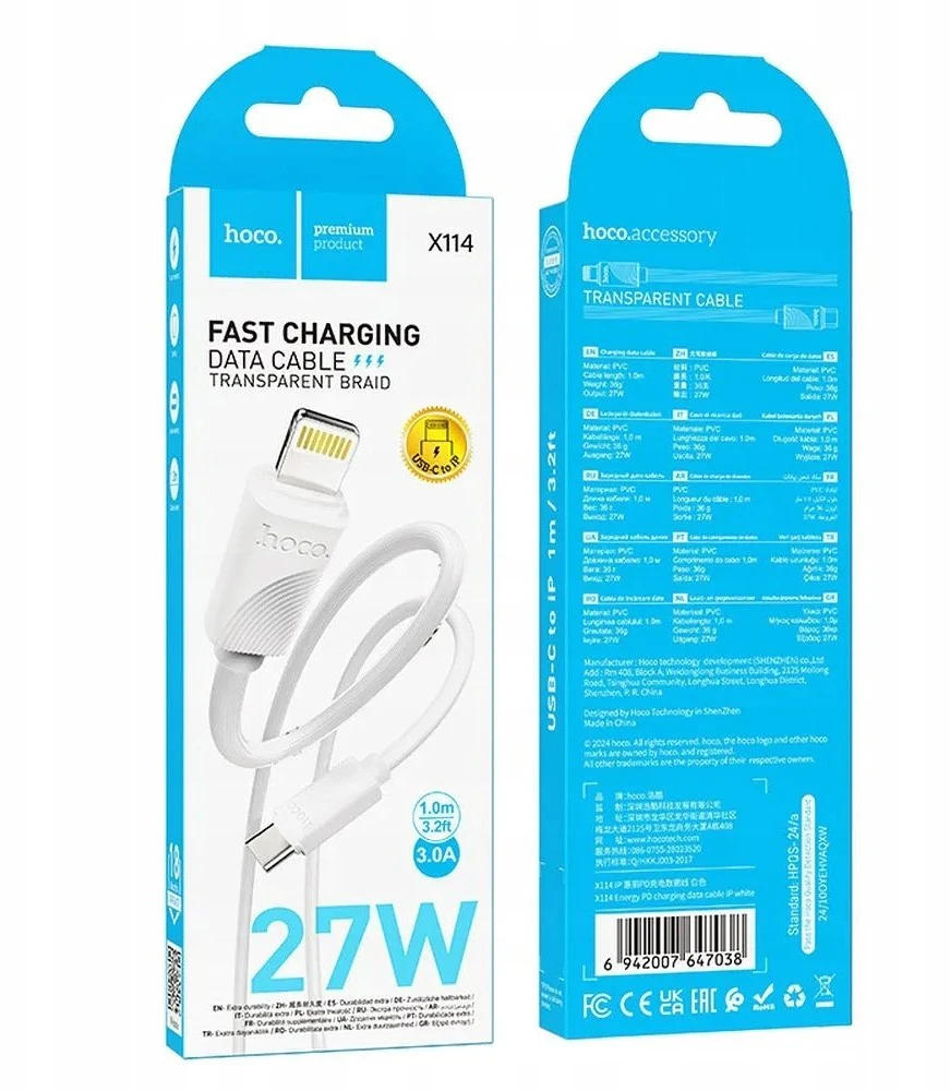 USB C - Lightning kabelis Hoco PD 27W 1 m X114 baltas