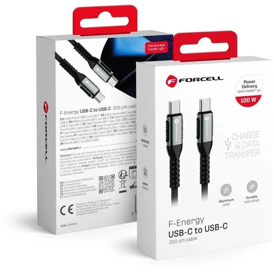 USB C į USB C laidas Forcell F-Energy QC4.0 PD 5A 100W Cafule 2 m C260 juodas