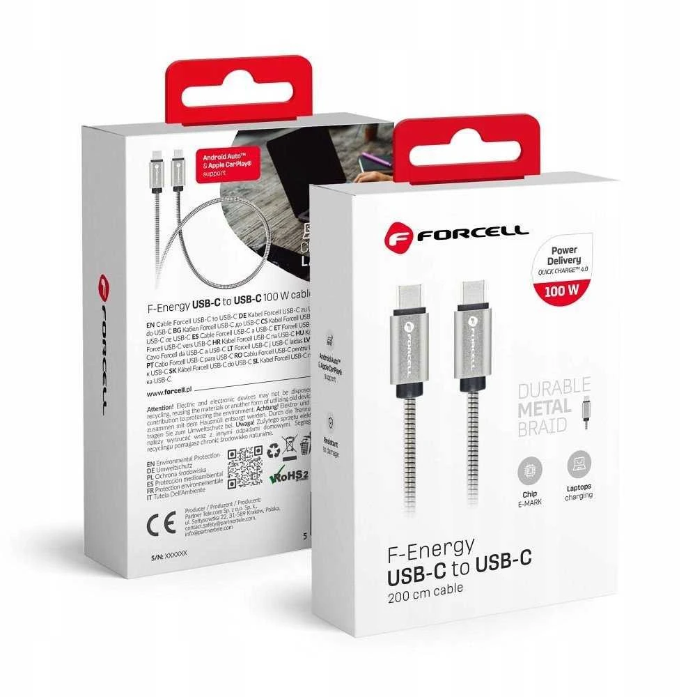 USB C į USB C laidas Forcell F-Energy QC4.0 PD 5A 100W E-Mark metalinis 2 m C239 sidabrinis
