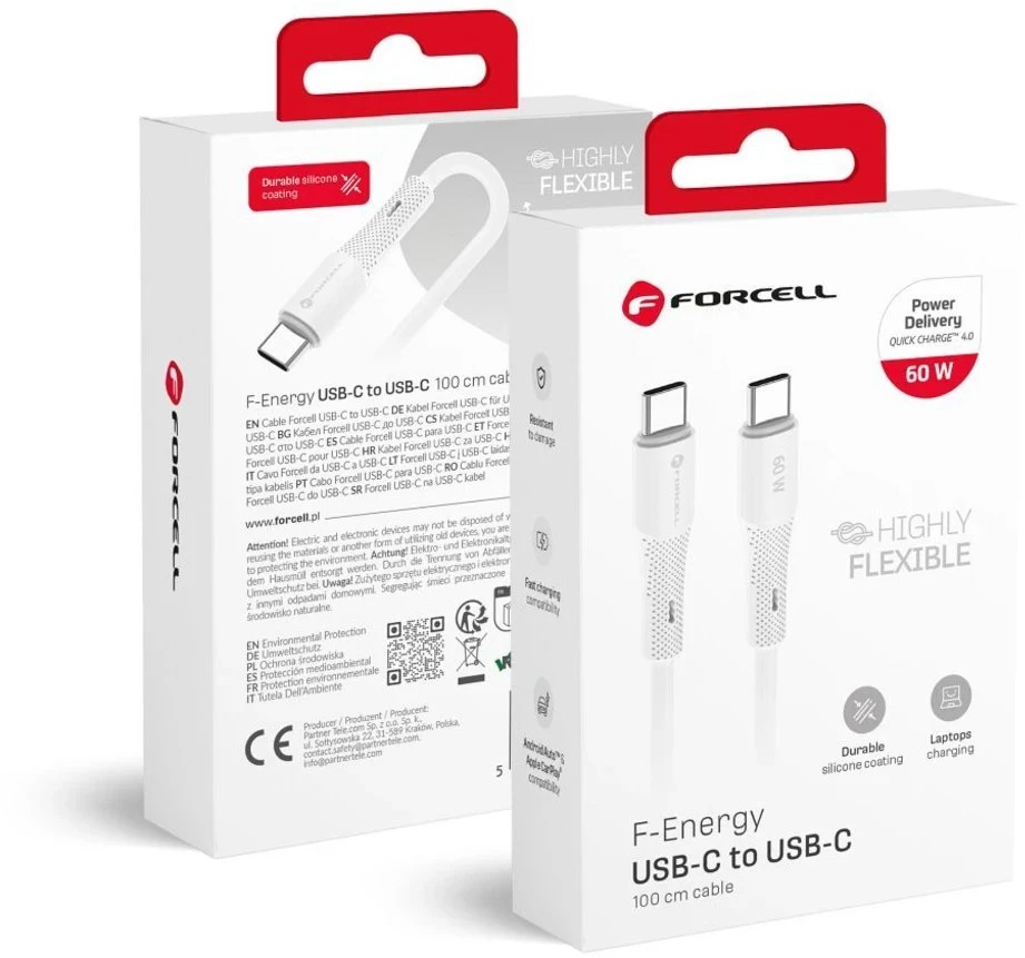 USB C į USB C laidas Forcell F-Energy QC4.0 PD 3A 60W silikoninis 1 m C344 baltas