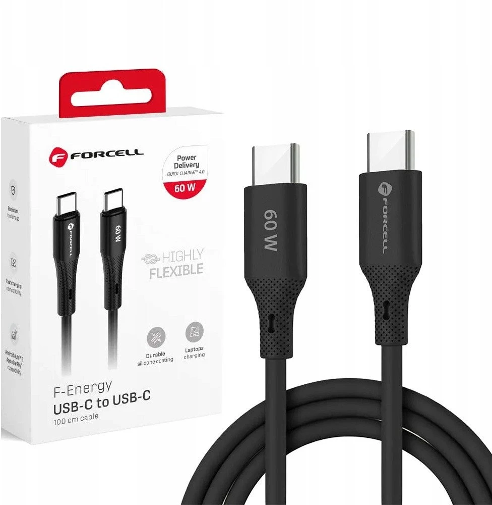 USB C laidas į USB C jungtį Forcell F-Energy QC4.0 PD 3A 60W silikoninis 1 m C344 juodas