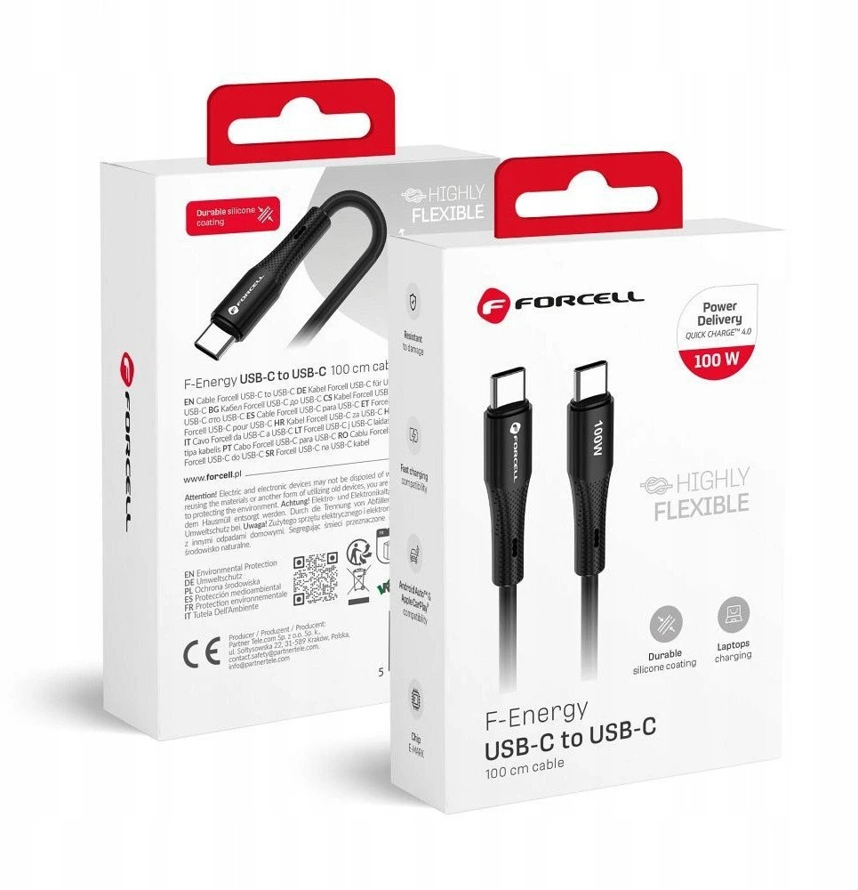 USB C laidas į USB C jungtį Forcell F-Energy QC4.0 PD 5A 100W silikoninis 1 m C347 juodas