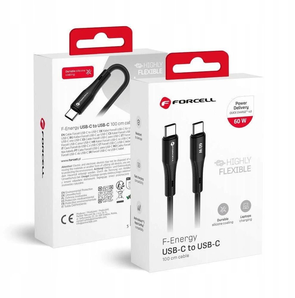 USB C laidas į USB C jungtį Forcell F-Energy QC4.0 PD 3A 60W silikoninis 1 m C344 juodas