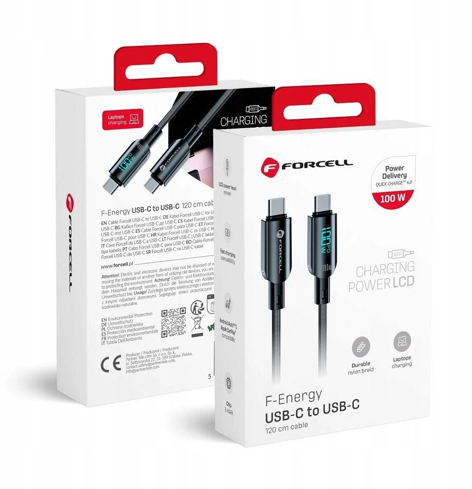 USB C laidas į USB C jungtį Forcell F-Energy QC4.0 PD 5A 100W skaitmeninis 1,2 m C277 juodas