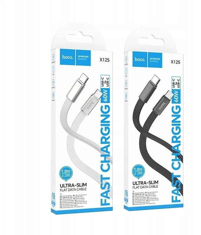 Plokščias kabelis USB C į USB C Hoco 3A 60W 1 m X125 juodas