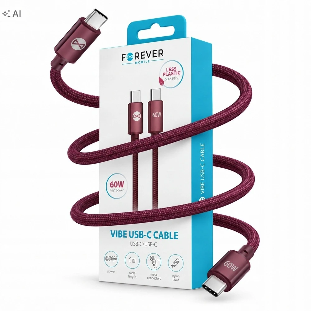 Forever Vibe laidas USB-C – USB-C 1,0 m 60W bordo spalvos
