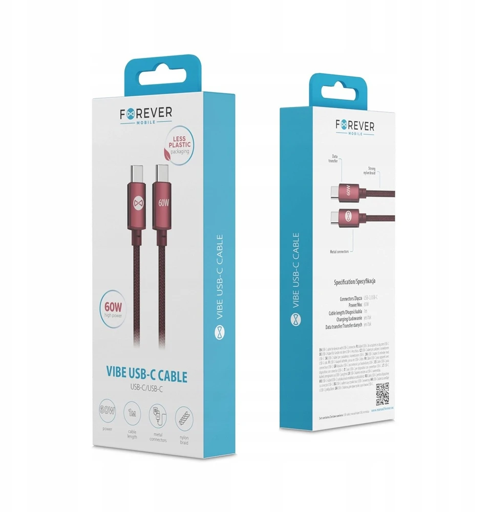Forever Vibe laidas USB-C – USB-C 1,0 m 60W bordo spalvos