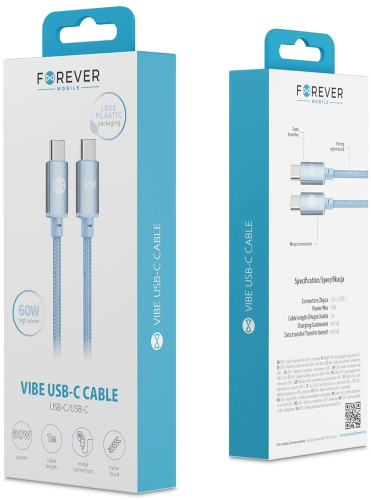Forever Vibe laidas USB-C – USB-C 1,0 m 60W dangaus žydra