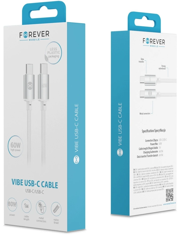 Forever Vibe laidas USB-C – USB-C 1,0 m 60W sidabrinis