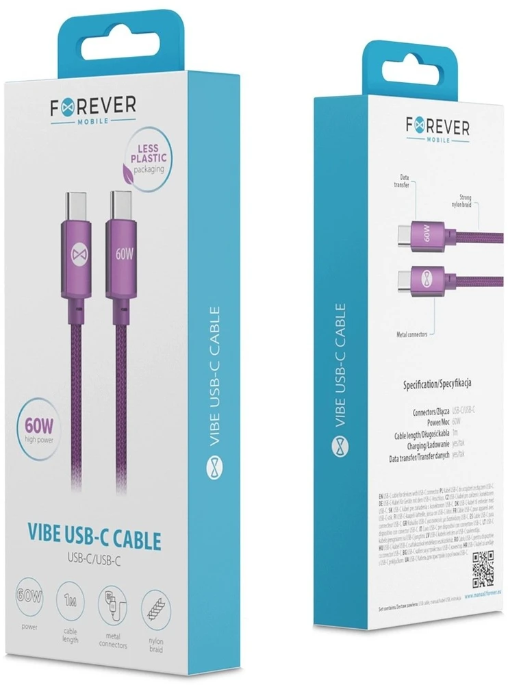 Forever Vibe laidas USB-C – USB-C 1,0 m 60W tamsios vyšnios spalvos