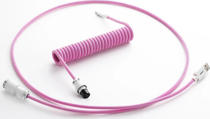 Klaviatūra CableMod PRO Coiled Cable susuktas klaviatūros laidas USB-C į USB Type A, Strawberry Kreminis – 150cm