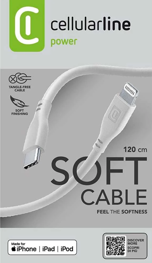 „Cellular Line Cellularline Soft Cable“ – USB-C į „Lightning“ laidas, sertifikuotas MFi, 1,2 m, pilkas
