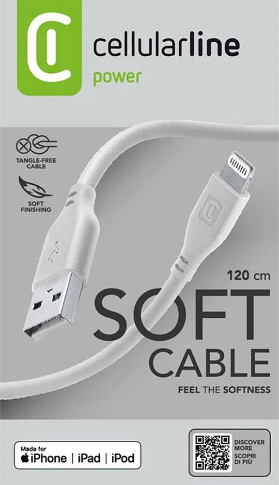 „Cellular Line Cellularline Soft Cable“ – USB-A į „Lightning“ laidas, sertifikuotas MFi, 1,2 m, pilkas