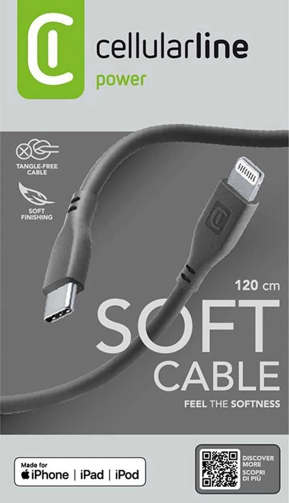 „Cellular Line Cellularline Soft Cable“ – USB-C į „Lightning“ laidas, sertifikuotas MFi, 1,2 m, juodas