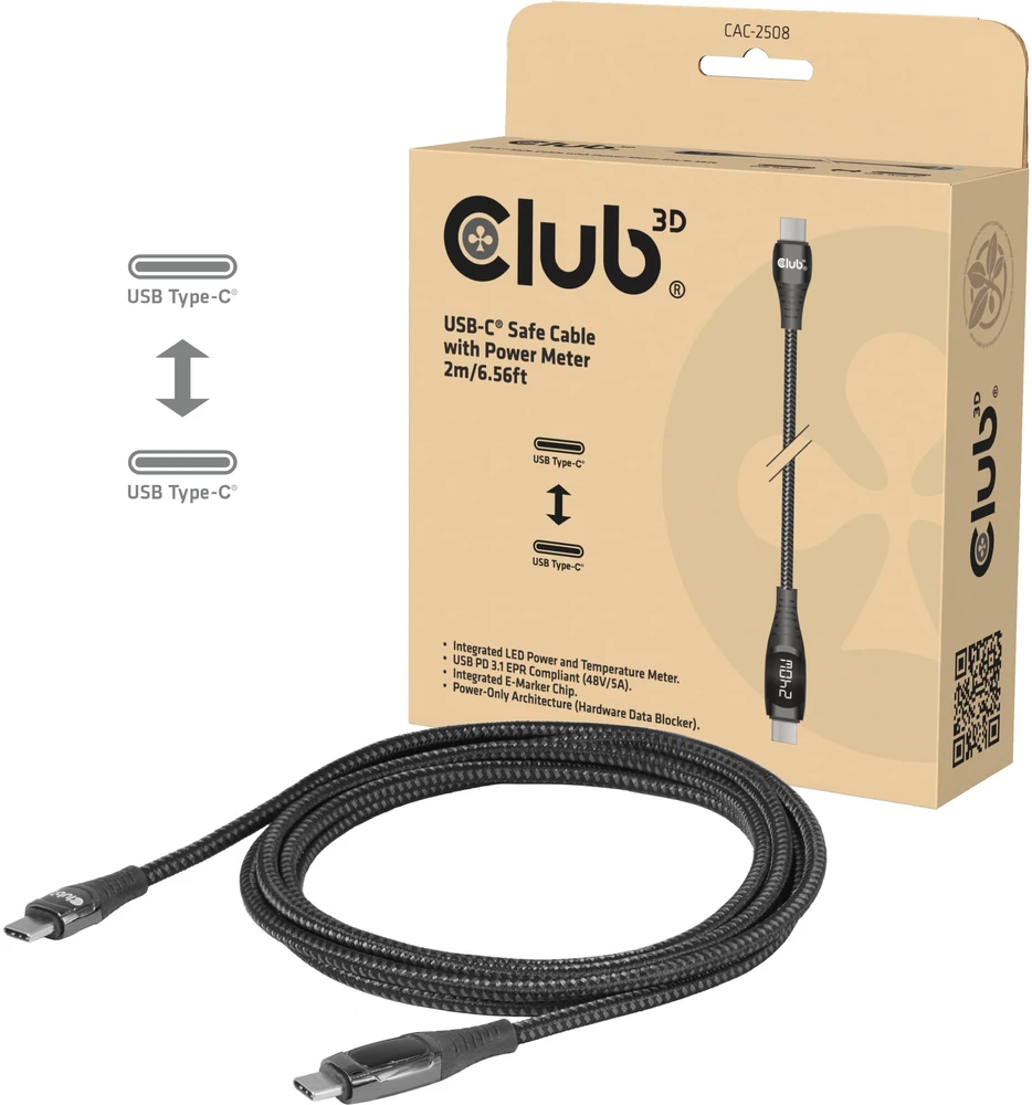 Kabelis USB Club 3D CLUB3D kabelis USB 2 m USB C 0 Gbit/s 240 W Juodas (CAC-2508)