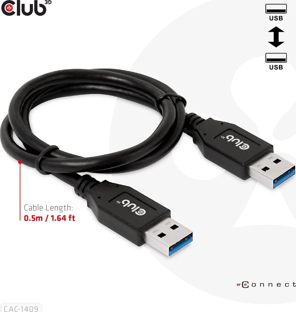 Kabelis USB Club 3D USB-A - USB-A 0.5 m Juodas (CAC-1409)