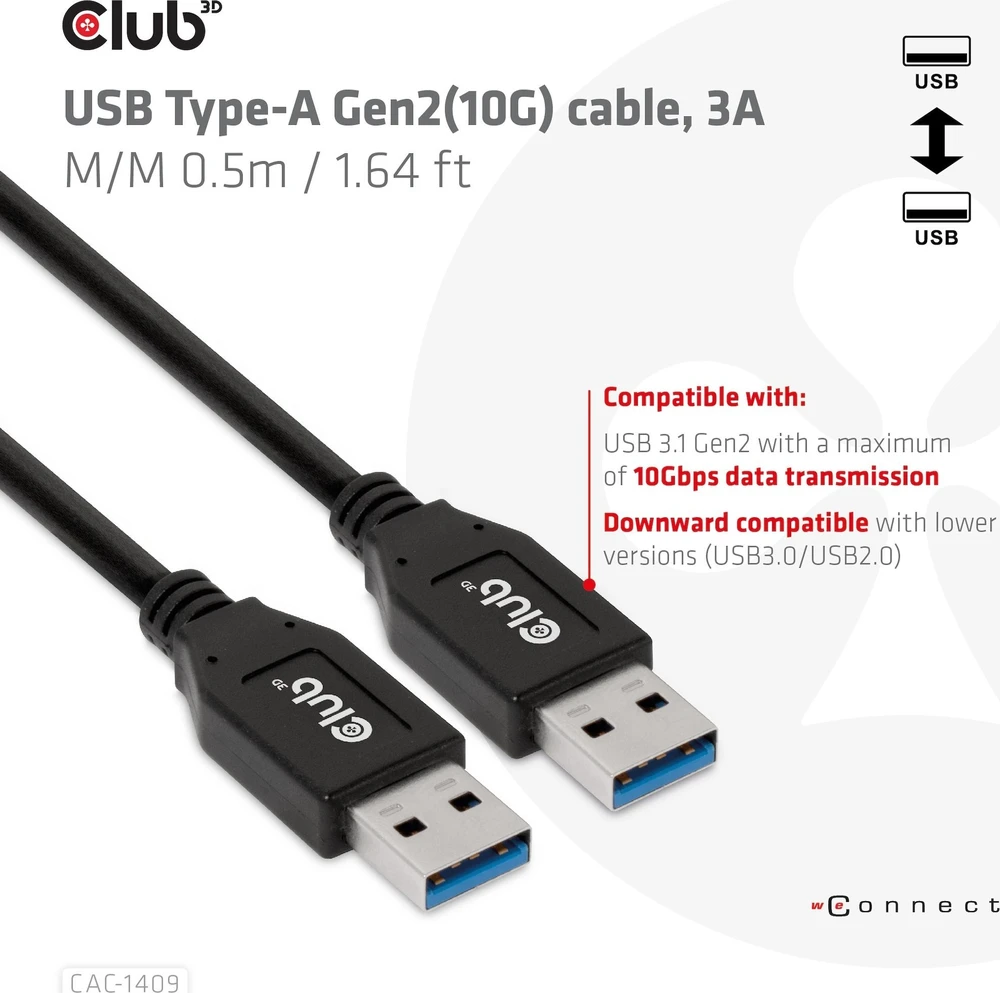 Kabelis USB Club 3D USB-A - USB-A 0.5 m Juodas (CAC-1409)