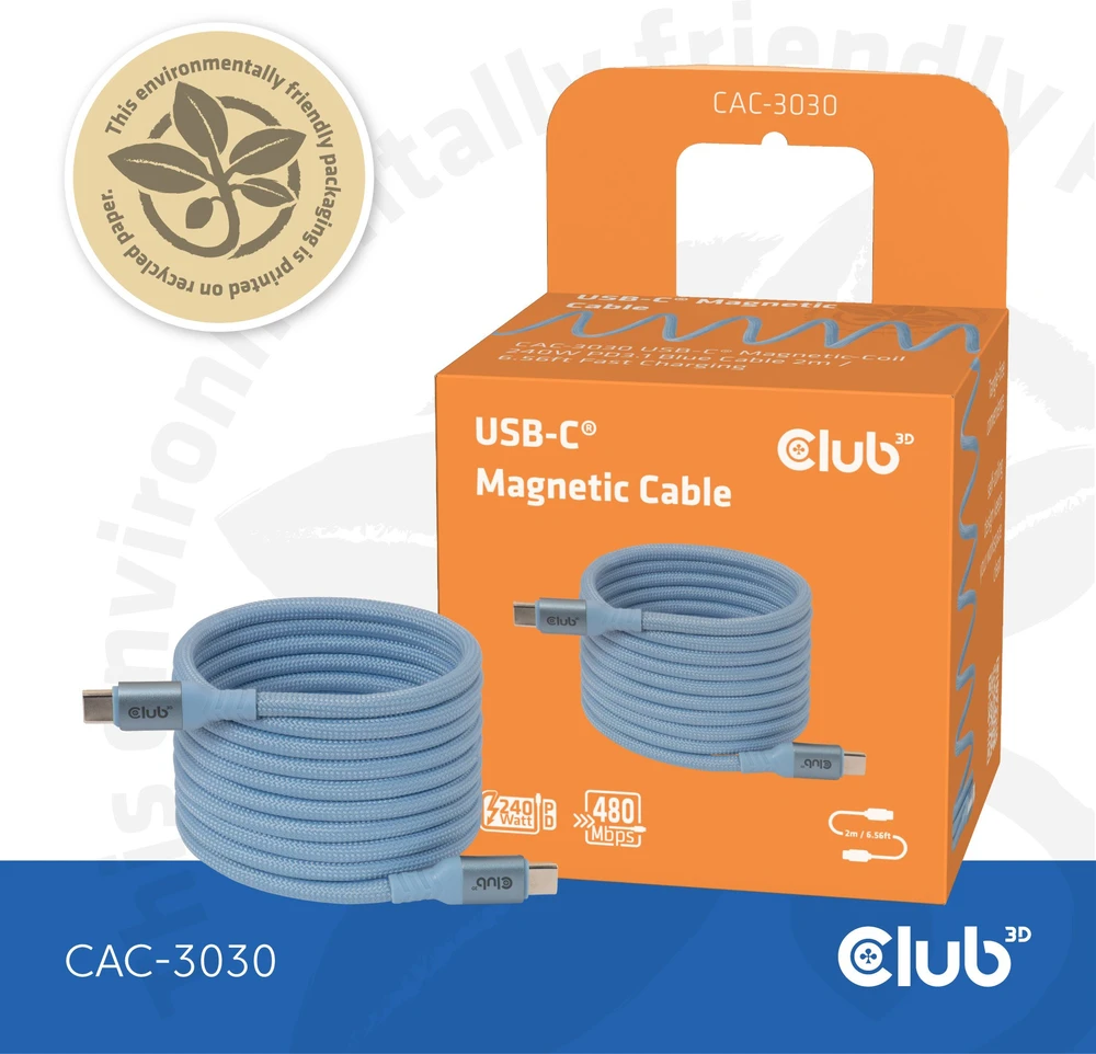 Club 3D Club3D Lifestyle USB-C magnetinis kabelis 240W 2m mėlynas St/St