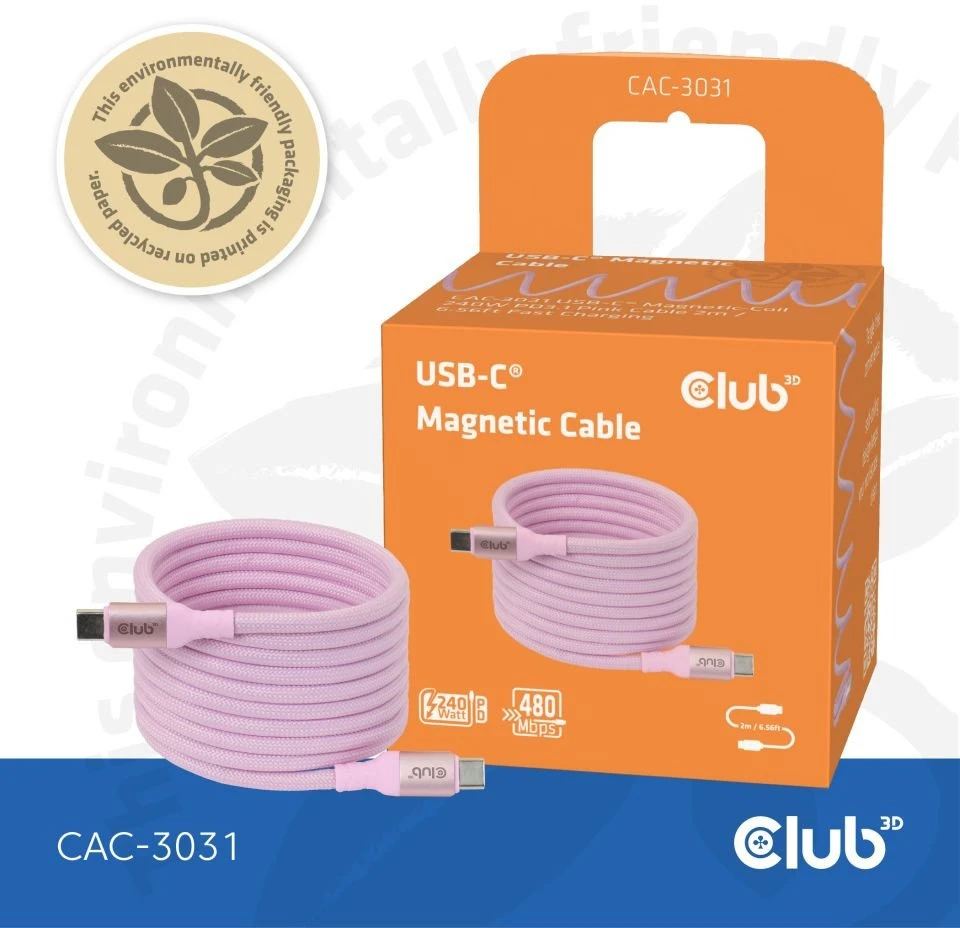 Club 3D Club3D Lifestyle USB-C magnetinis kabelis 240W 2m rožinis St/St
