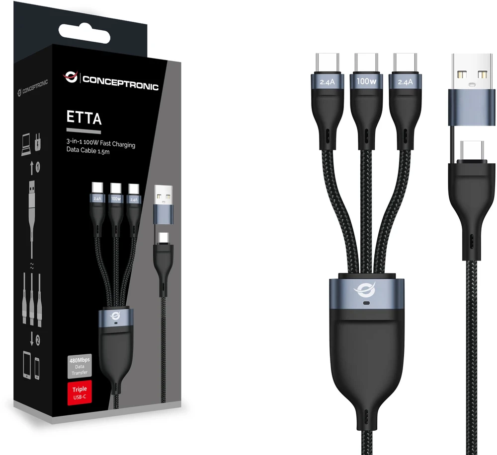 Kabelis USB Conceptronic USB-A + USB-C - 3x USB-C 1.5 m Juodas (ETTA06B15C)