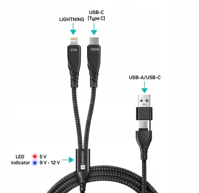 USB Connect IT laidas CONNECT IT 4w1 USB-C/USB Lightning/USB-C 1.25m juodas laidinis laidas