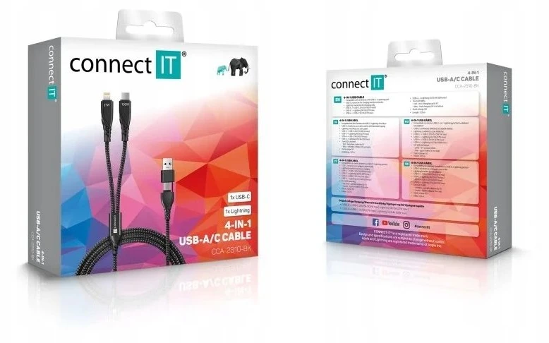 USB Connect IT laidas CONNECT IT 4w1 USB-C/USB Lightning/USB-C 1.25m juodas laidinis laidas