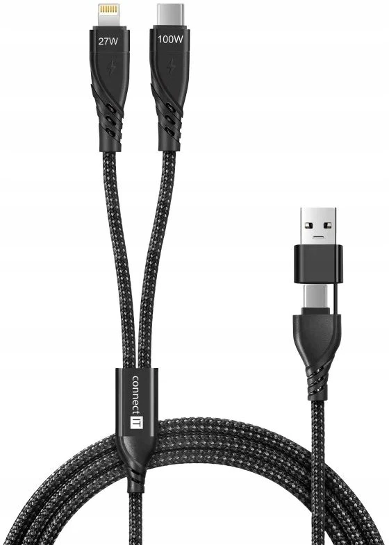 USB Connect IT laidas CONNECT IT 4w1 USB-C/USB Lightning/USB-C 1.25m juodas laidinis laidas