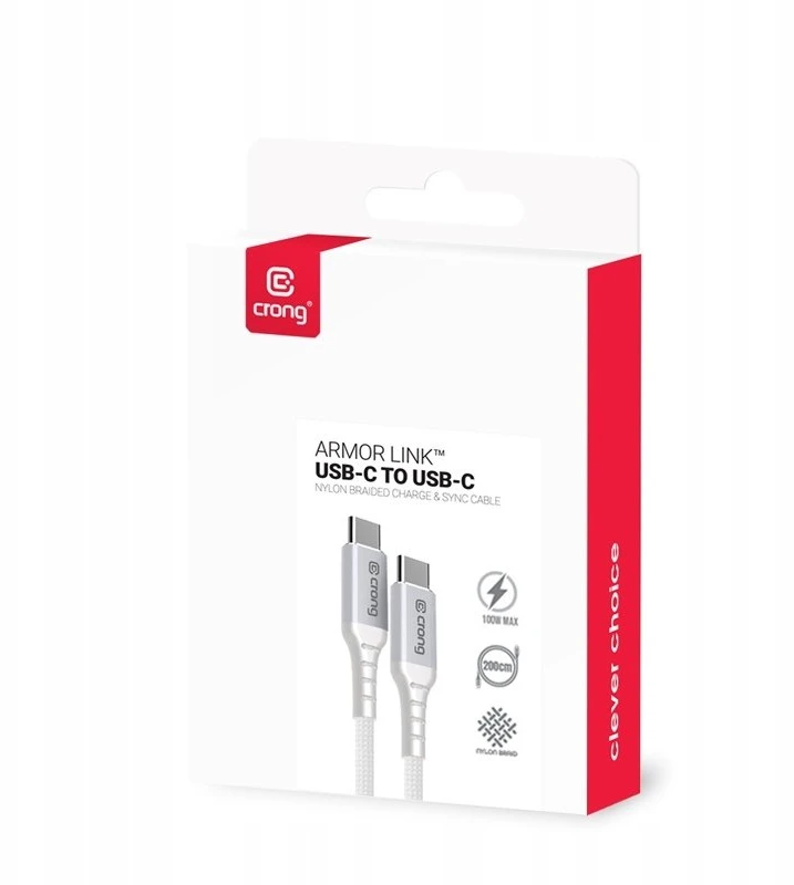 „Crong Armor Link“ – USB-C į USB-C keitiklis 100 W, 5 A, 200 cm, baltas