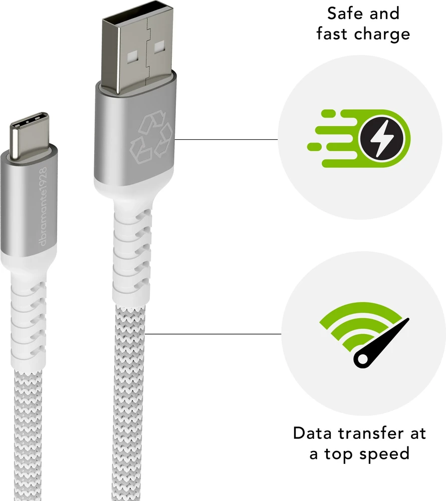 dbramante1928 – pintas „Re-Charge Pro“ laidas – USB-A į USB-C, 1,2 m – baltas
