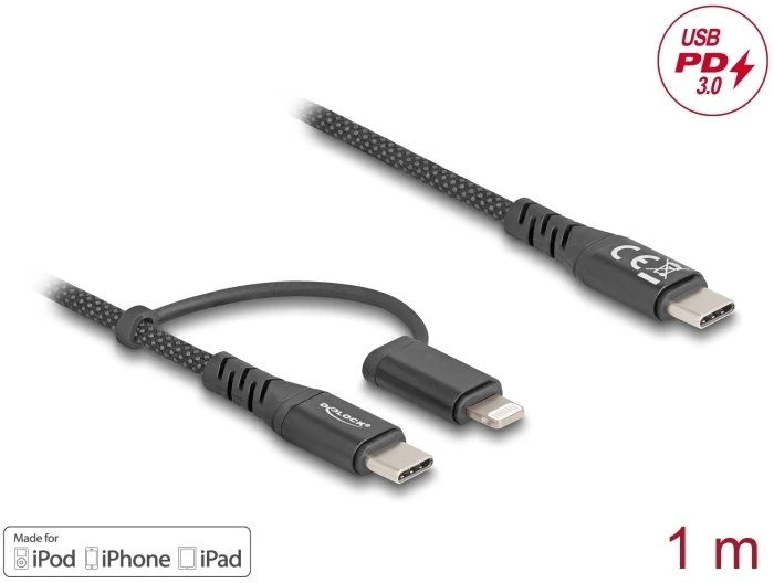 DeLOCK 81170, 1 m, USB C, USB C/Lightning, USB 2.0, Juoda