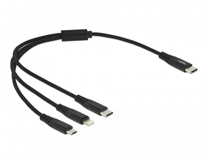 „Delock“ USB įkrovimo laidas „3 viename“ C tipo USB iki „Lightning“ / „Micro USB“ / „C tipo USB“ 30 cm