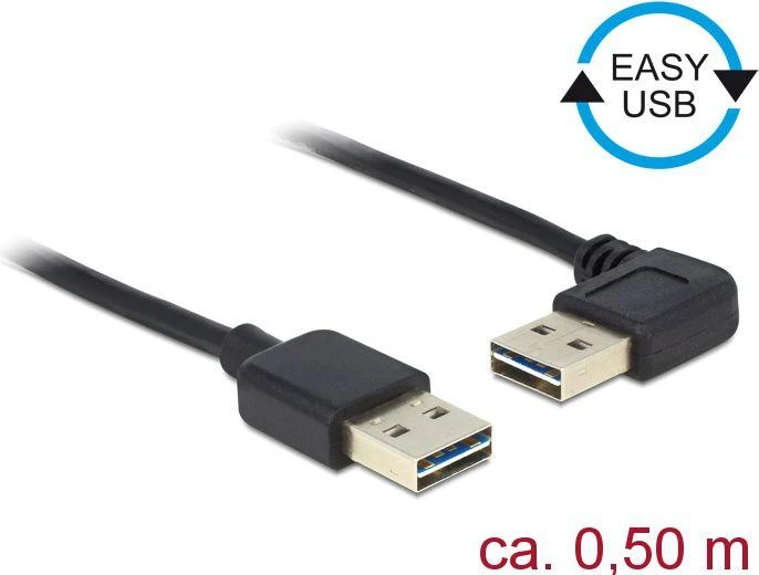 DELOCK kabelis EASY-USB 2.0 A tipo kištukas > EASY-USB 2.0 Type-A vyriškas kampas į kairę / dešinę 0,5 m