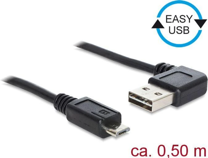 DELOCK kabelis EASY-USB 2.0 tipo A kištukinis kampu į kairę / dešinę > USB 2.0 Type Micro-B vyriškas 0,5 m