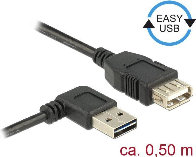 DELOCK ilgintuvas EASY-USB 2.0 tipo A kištukinis kampu į kairę / dešinę > USB 2.0 Type-A moteriškas 0,5 m